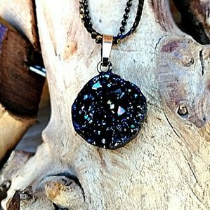 Boho necklace sparkling black rock charm